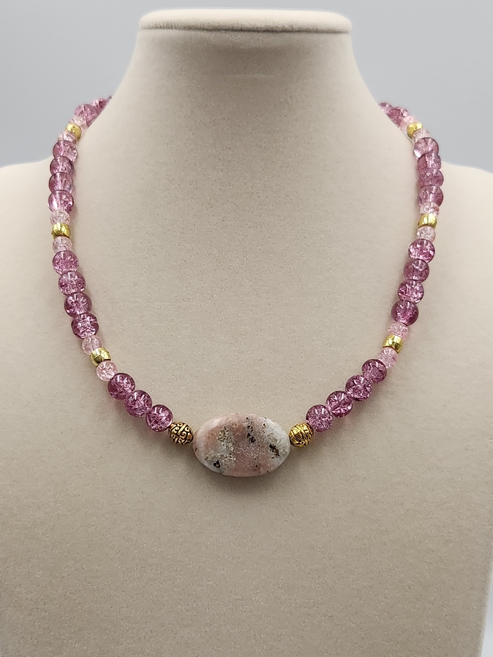 Pink Beaded Necklace with Natural Stone Center